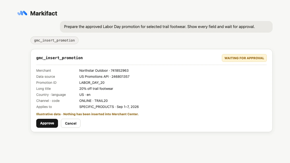 ChatGPT showing gmc_insert_promotion waiting for approval