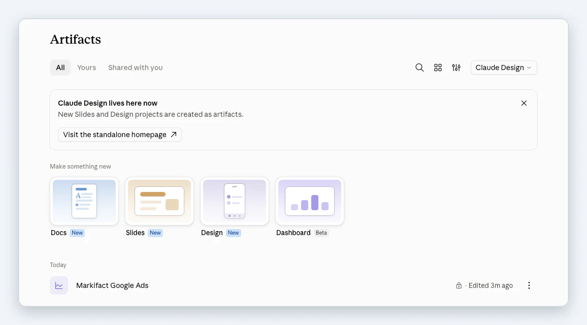 The Artifacts tab in Claude with the Docs, Slides, Design and Dashboard templates