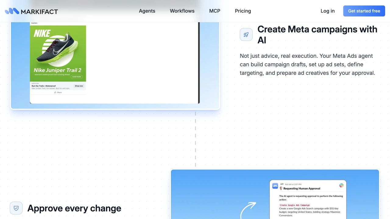 Markifact product section demonstrating AI-assisted Meta campaign creation