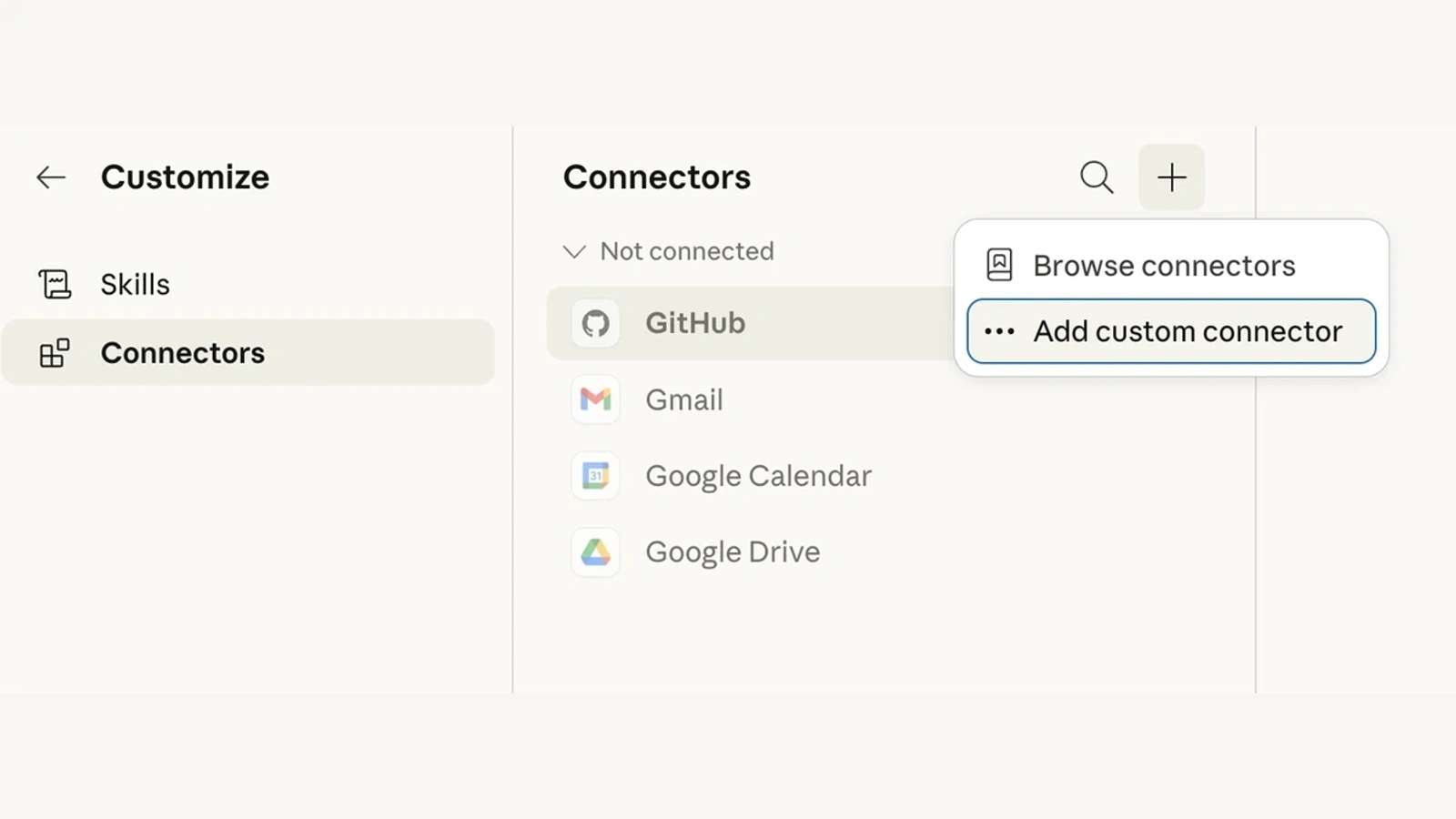 Claude Connectors screen with Add custom connector selected