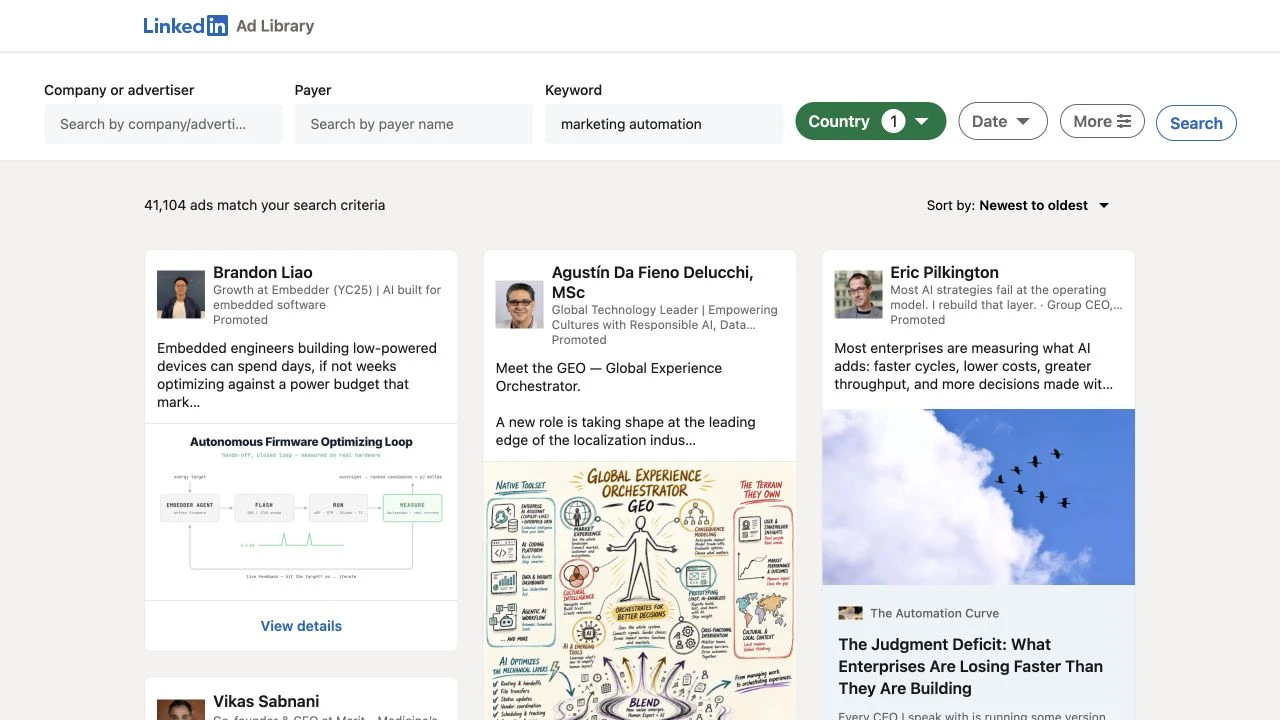 Real English LinkedIn Ads Library search results for marketing automation ads in the United States