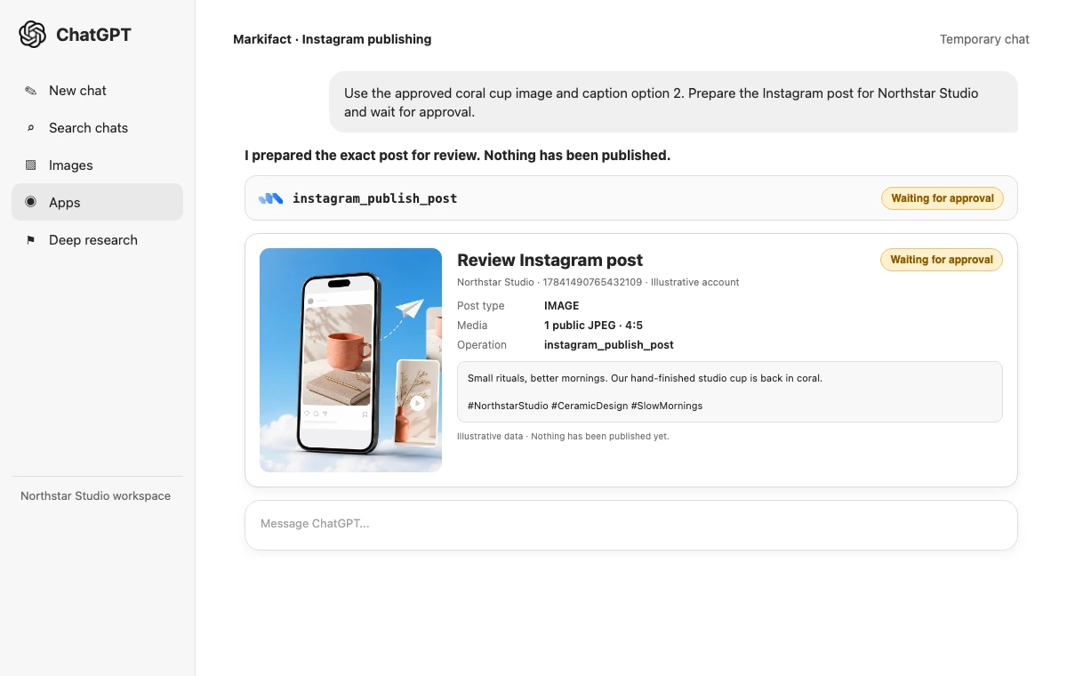 ChatGPT session showing an Instagram post preview and instagram_publish_post waiting for approval