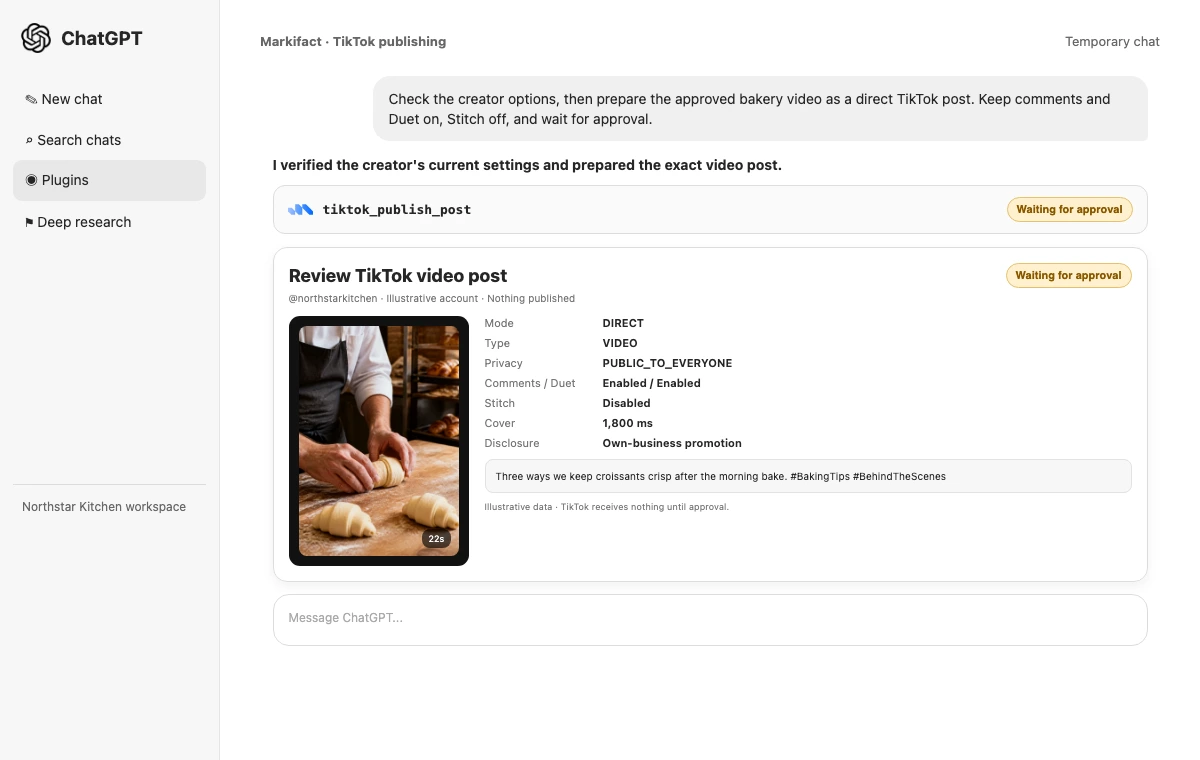 ChatGPT showing a TikTok video post and tiktok_publish_post waiting for approval