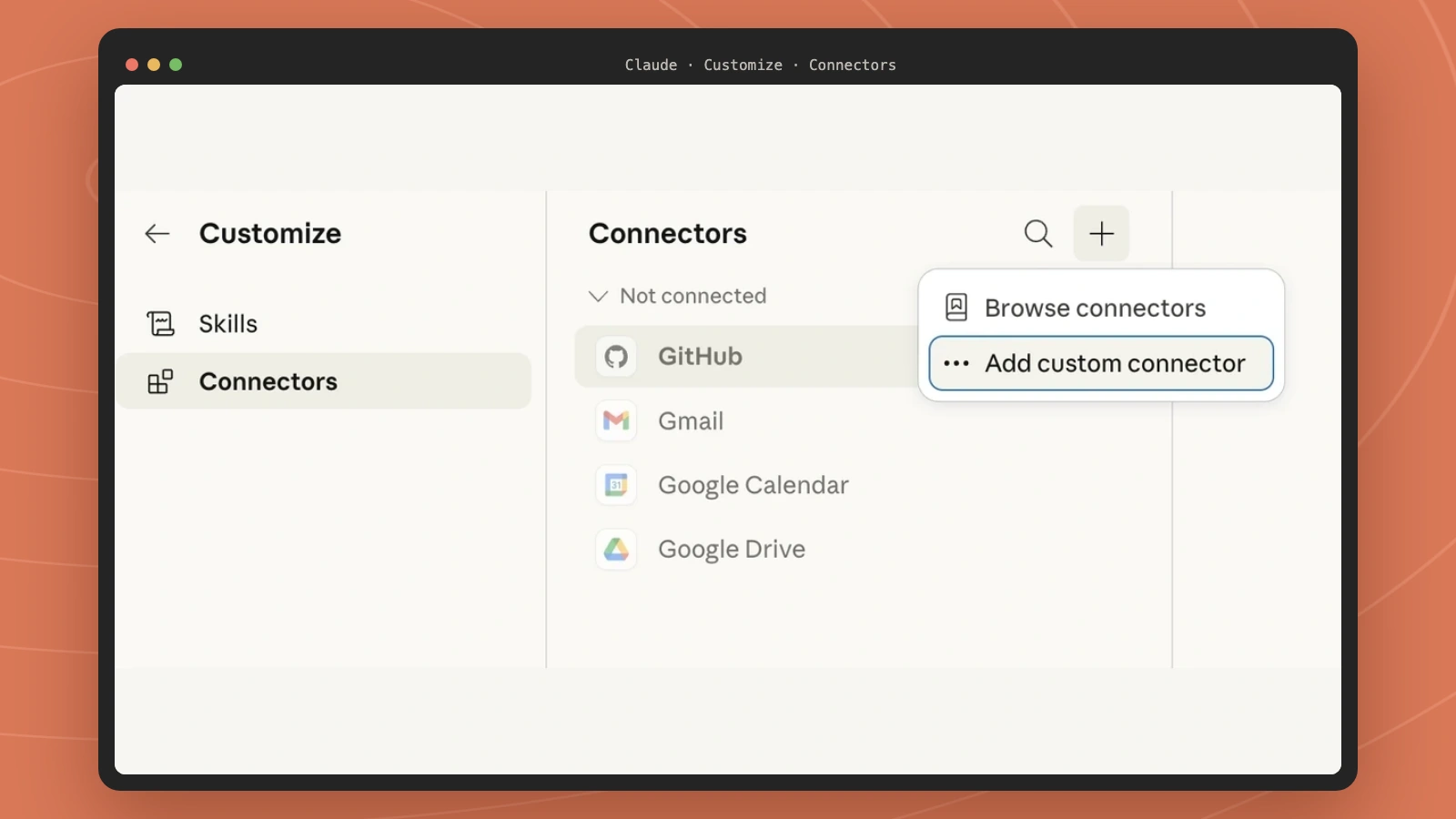 Claude Customize settings showing Browse connectors and Add custom connector