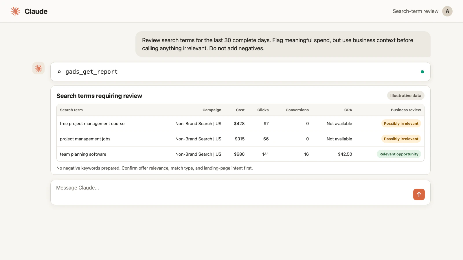 Illustrative Google Ads search-term audit in Claude using gads_get_report