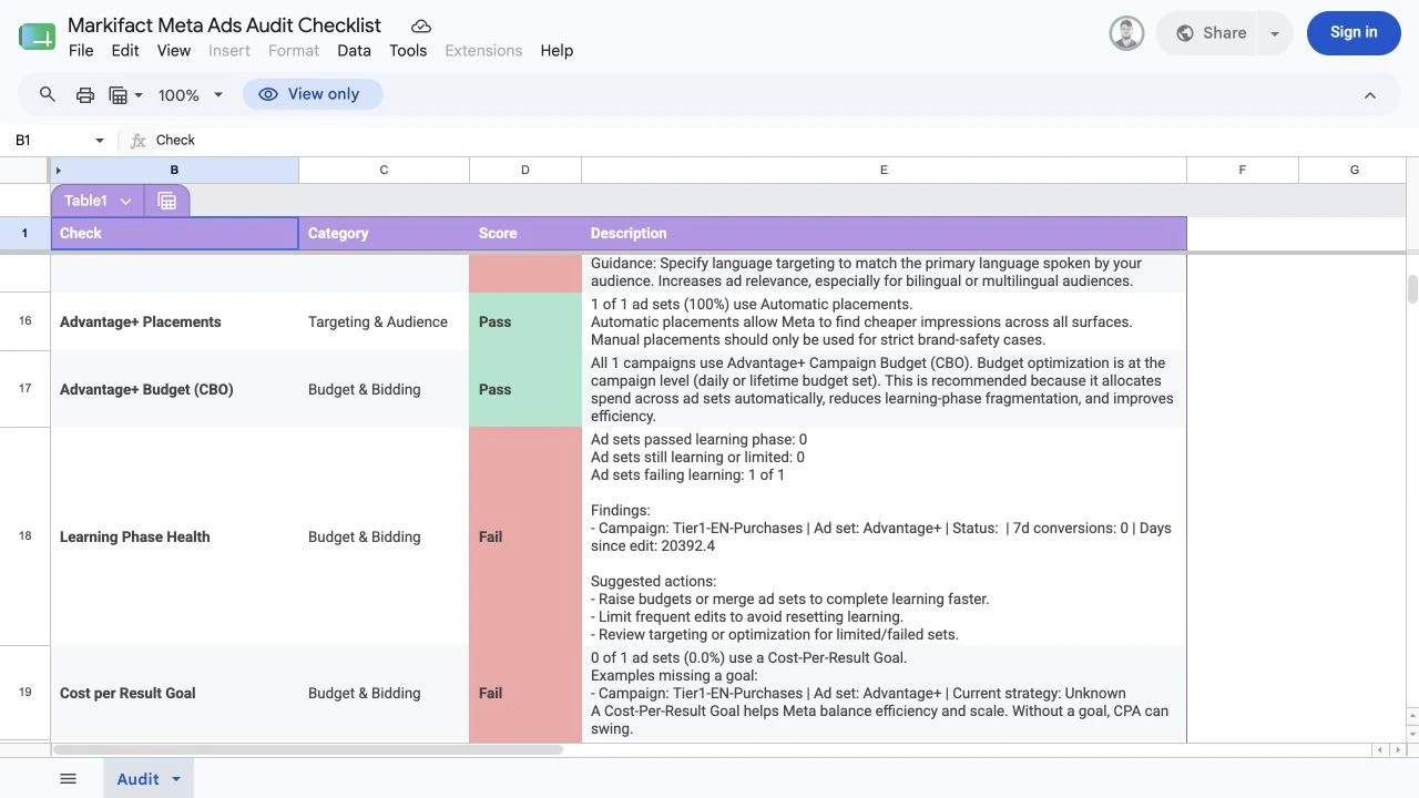 Targeting, placement, campaign-budget, learning, and cost-goal checks in the audit sheet