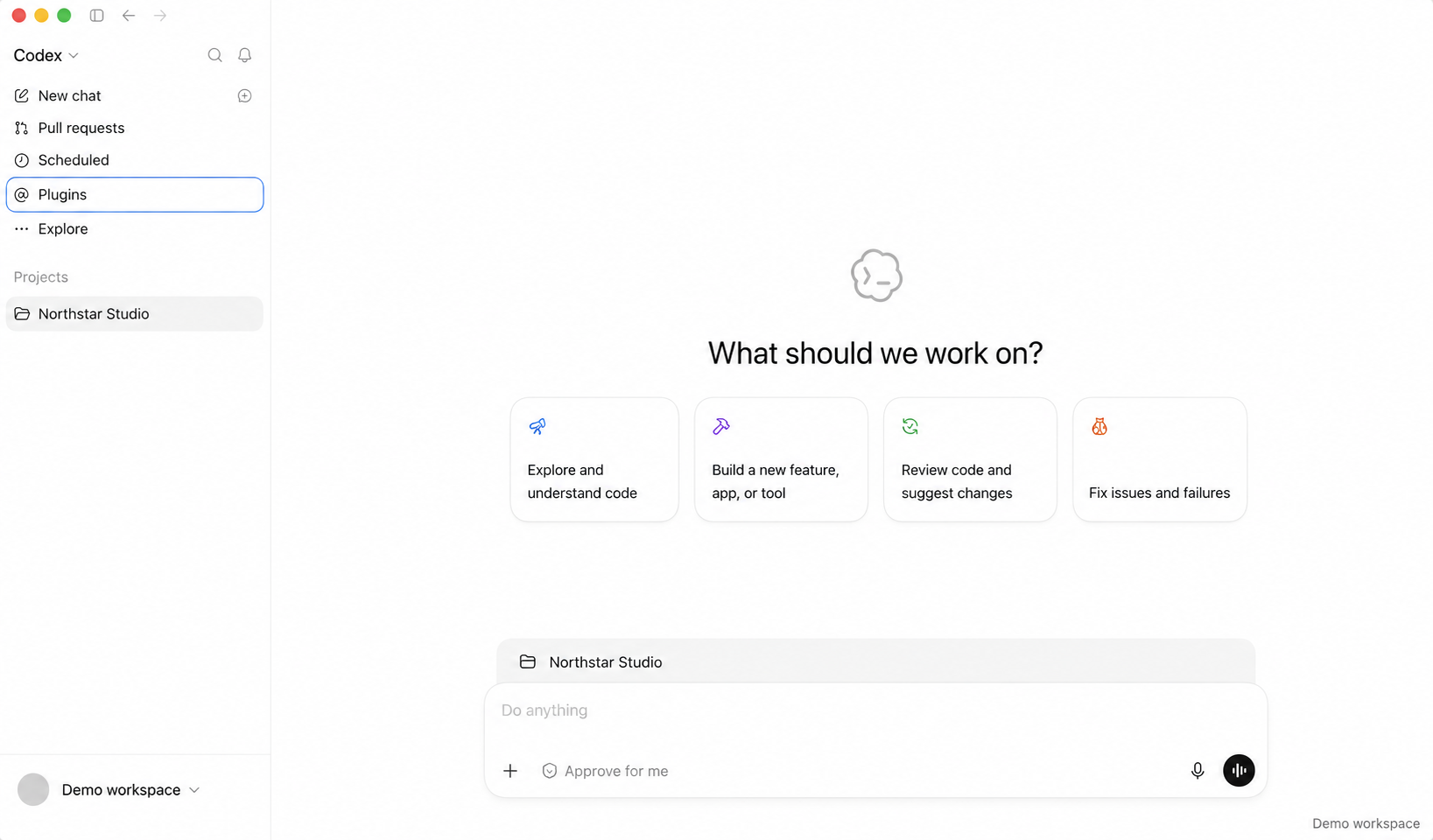Codex demo workspace with Plugins highlighted in the sidebar