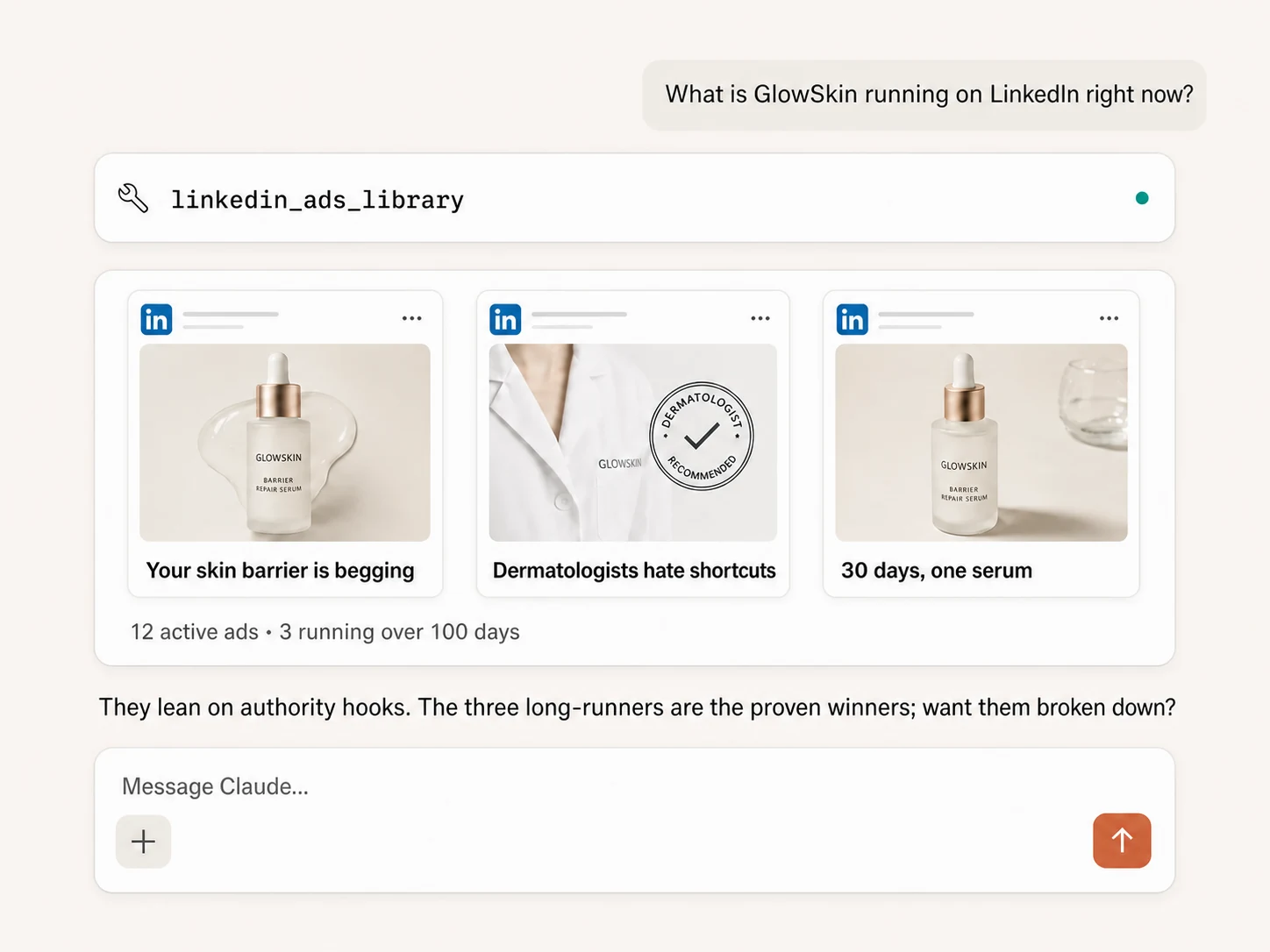 Example Claude session showing a competitor search through the LinkedIn Ads Library operation