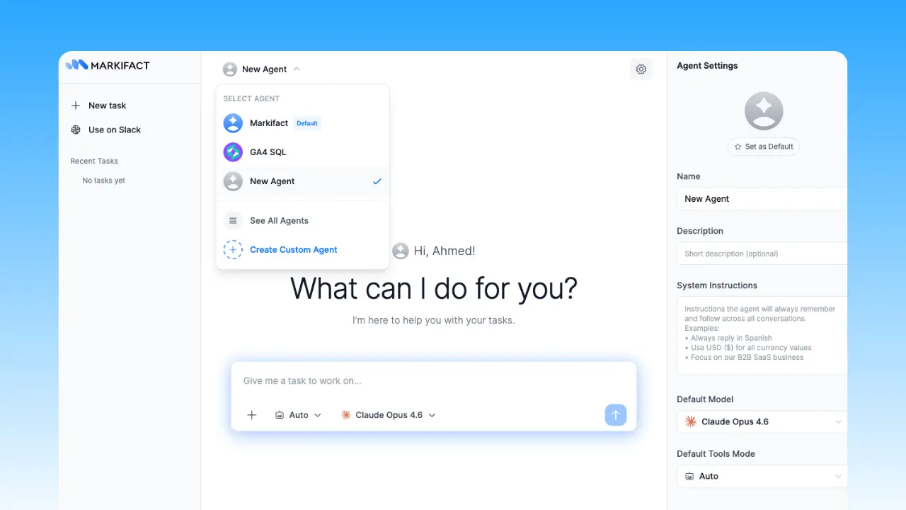 Markifact interface for configuring separate marketing agents