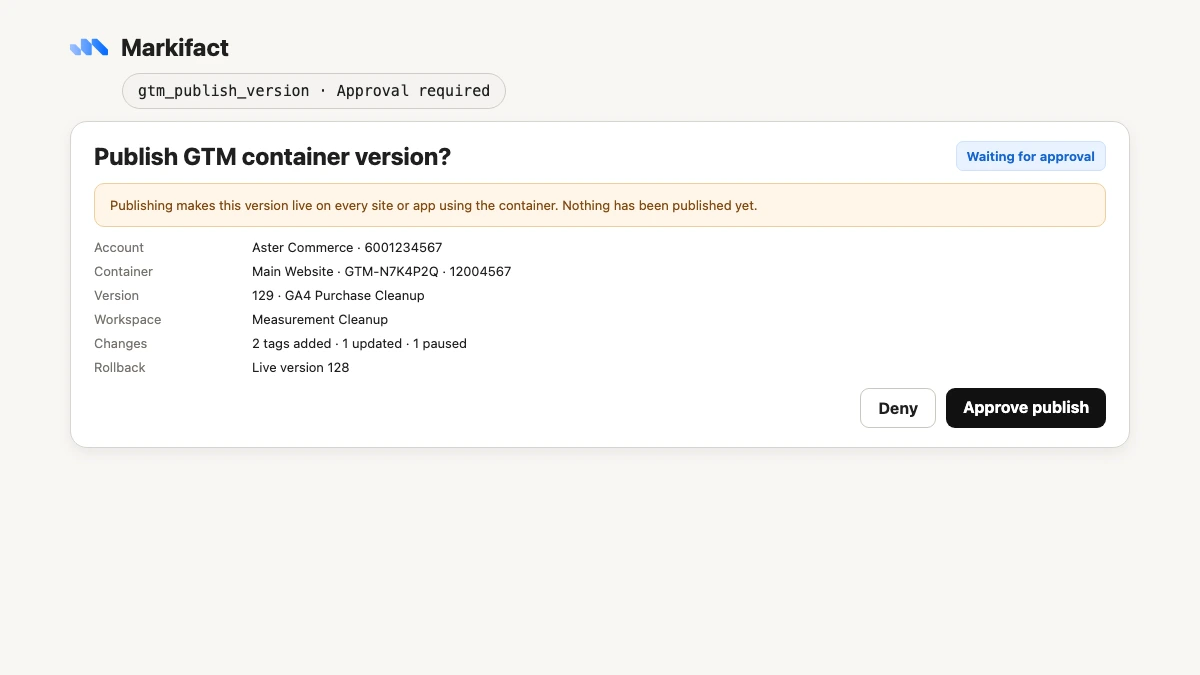 ChatGPT showing gtm_publish_version waiting for approval