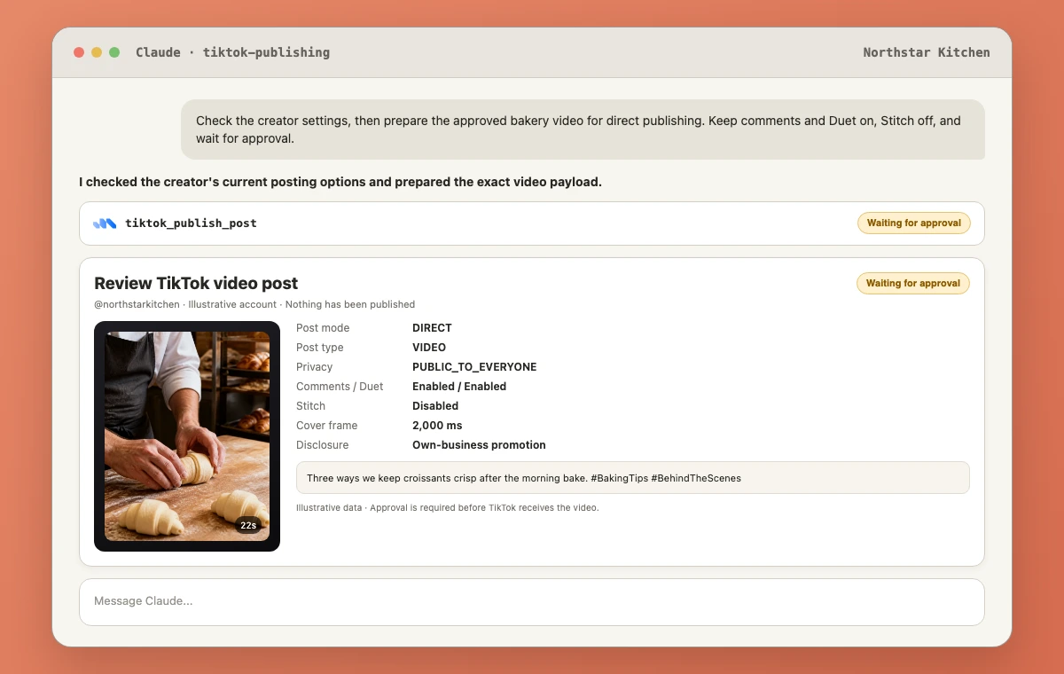 Claude session showing tiktok_publish_post waiting for approval