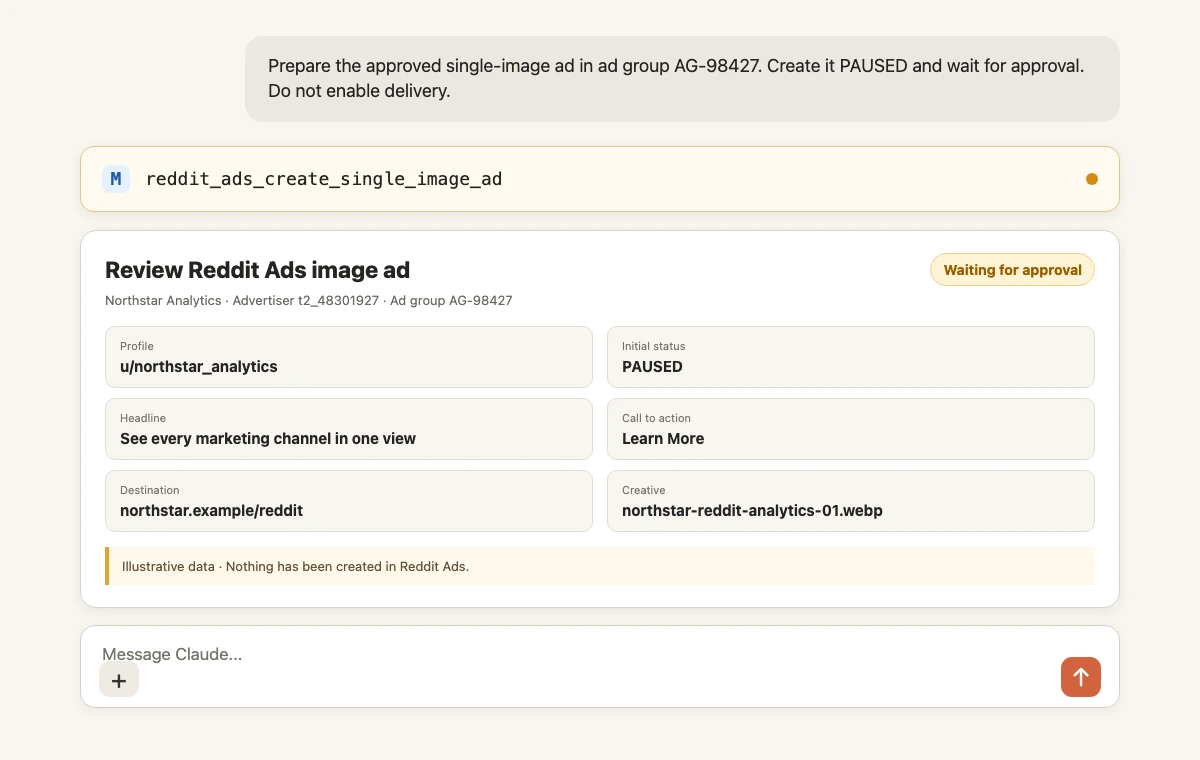 Claude showing reddit_ads_create_single_image_ad waiting for approval