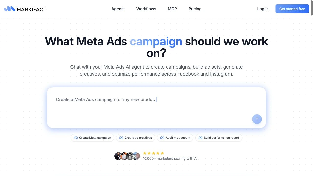 Markifact Meta Ads AI Agent product page showing prompts for campaign creation, creative generation, account auditing, and performance reporting