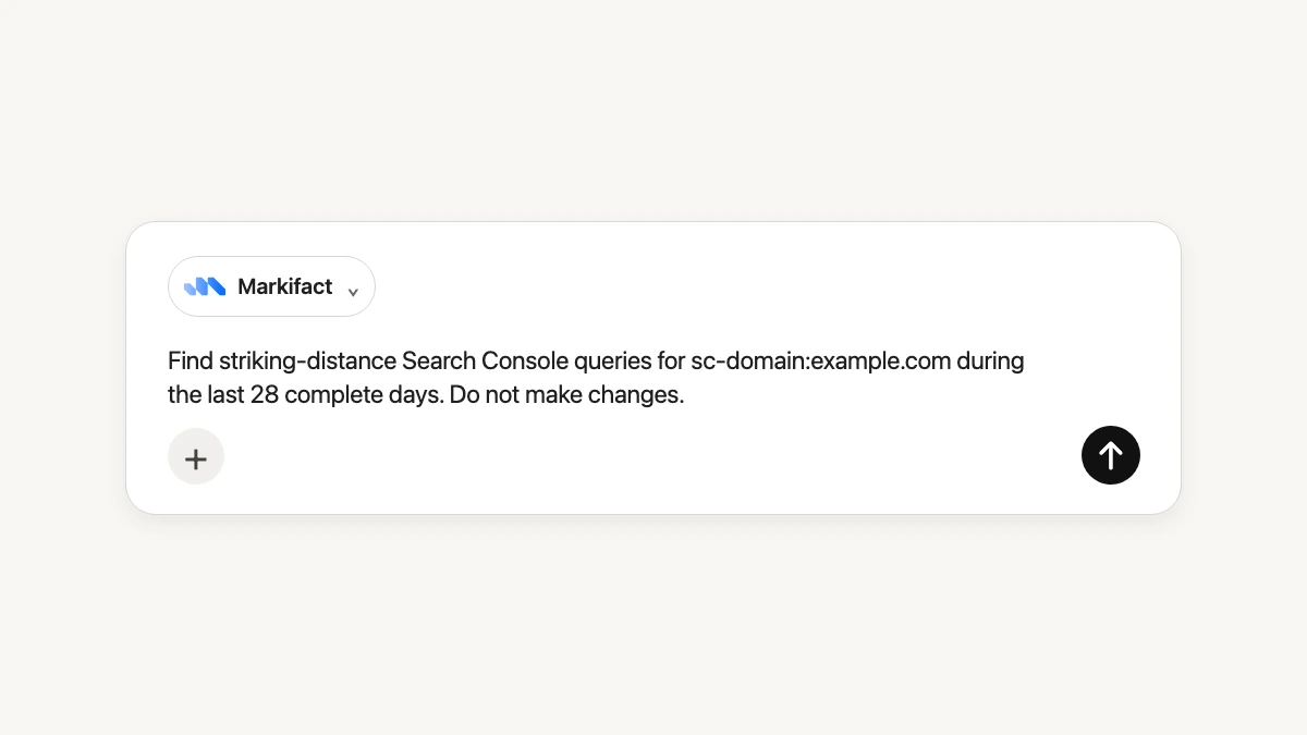 ChatGPT composer with the Markifact app selected for a Google Search Console request