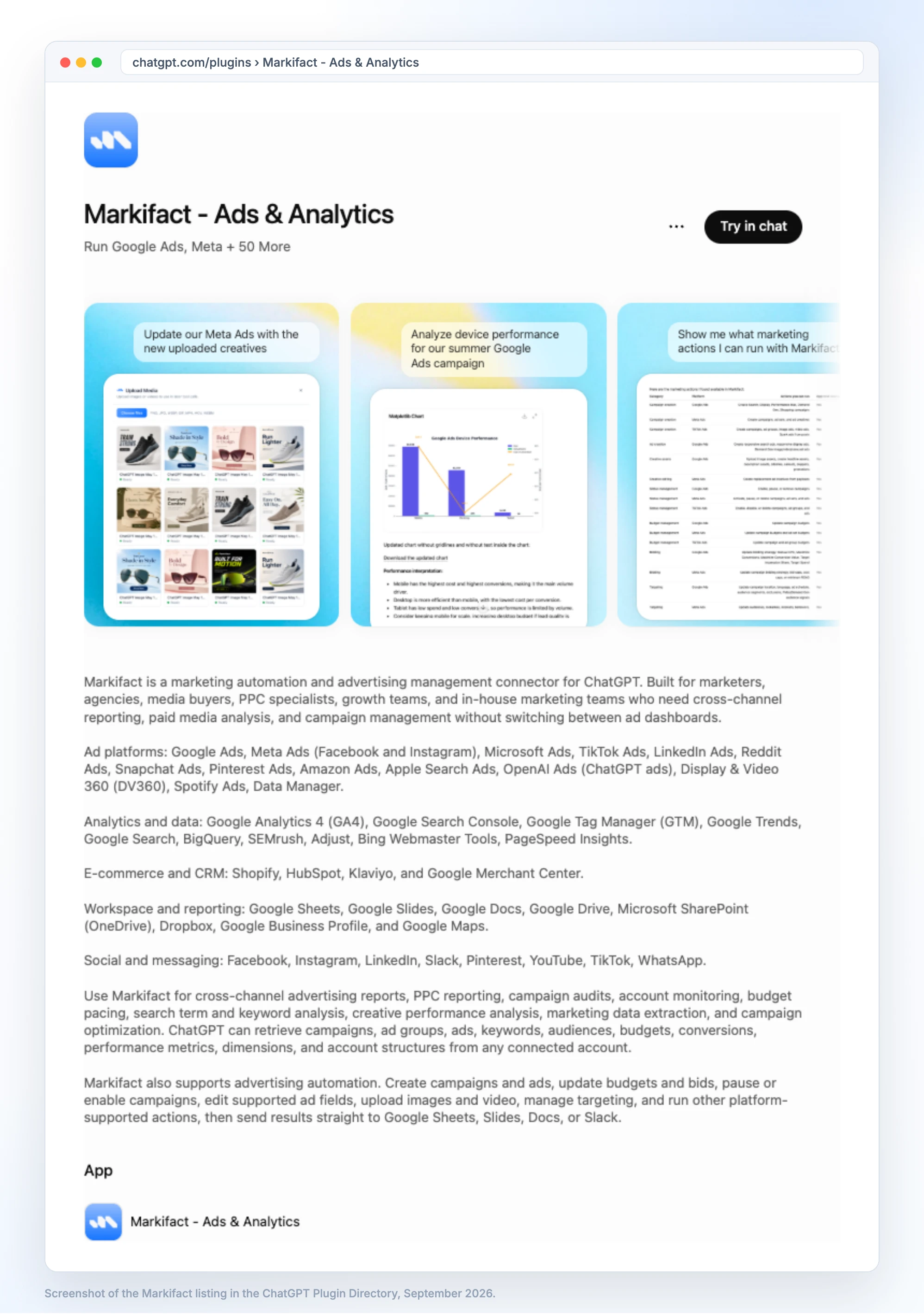 The Markifact - Ads & Analytics listing in the ChatGPT Plugin Directory