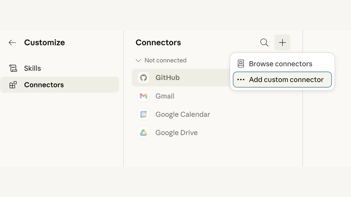Claude Connectors screen with Add custom connector selected