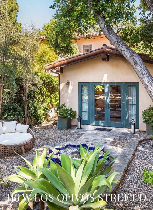 backyard fountain and chair