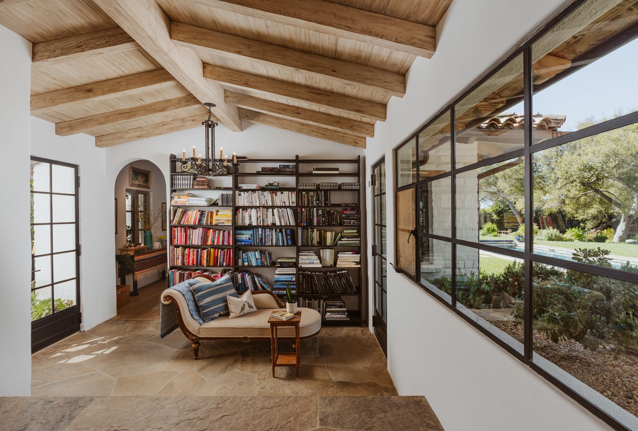 reading room with wall of books