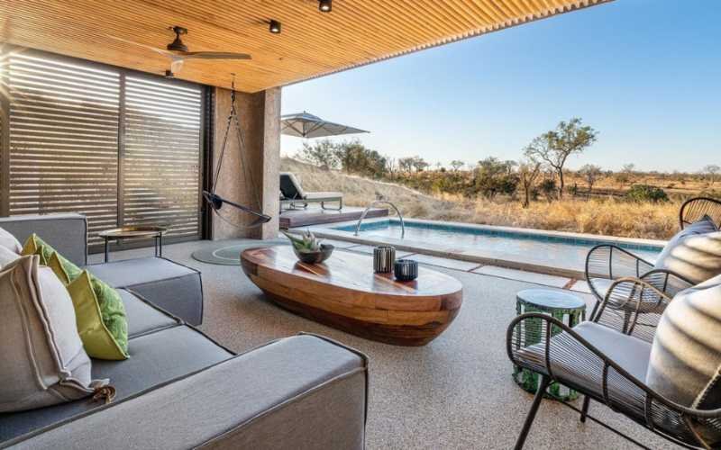 Private pool and verandah with stunning bushveld views at Sabi Sabi Earth Lodge