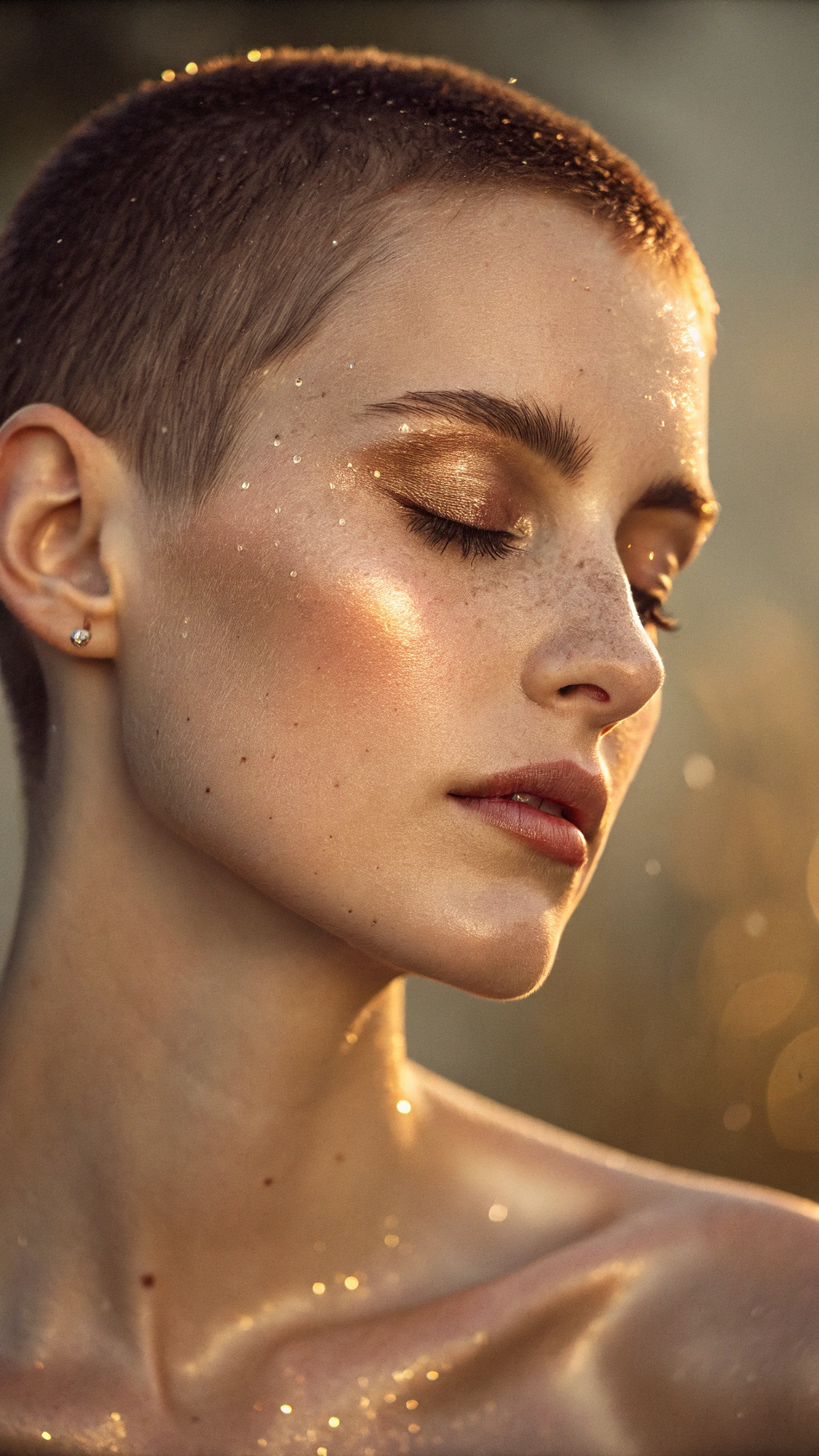 This image portrays a dreamlike, artistic portrait of a person with short hair and dewy, glowing skin, captured in a soft-focus, experimental style. The subject’s eyes are closed with shimmering highlights on the eyelids, creating a sense of serenity and introspection.

The photo uses a blurred, motion-like double exposure effect, making it appear as if the face is shifting or layered with a ghostly reflection to the side. Warm, golden lighting emphasizes the skin texture and glossy makeup, while the dark background enhances the surreal and ethereal atmosphere.

The overall mood feels mystical, intimate, and avant-garde, blending elements of fashion editorial photography and abstract art. It evokes themes of dream states, altered perception, and emotional depth.