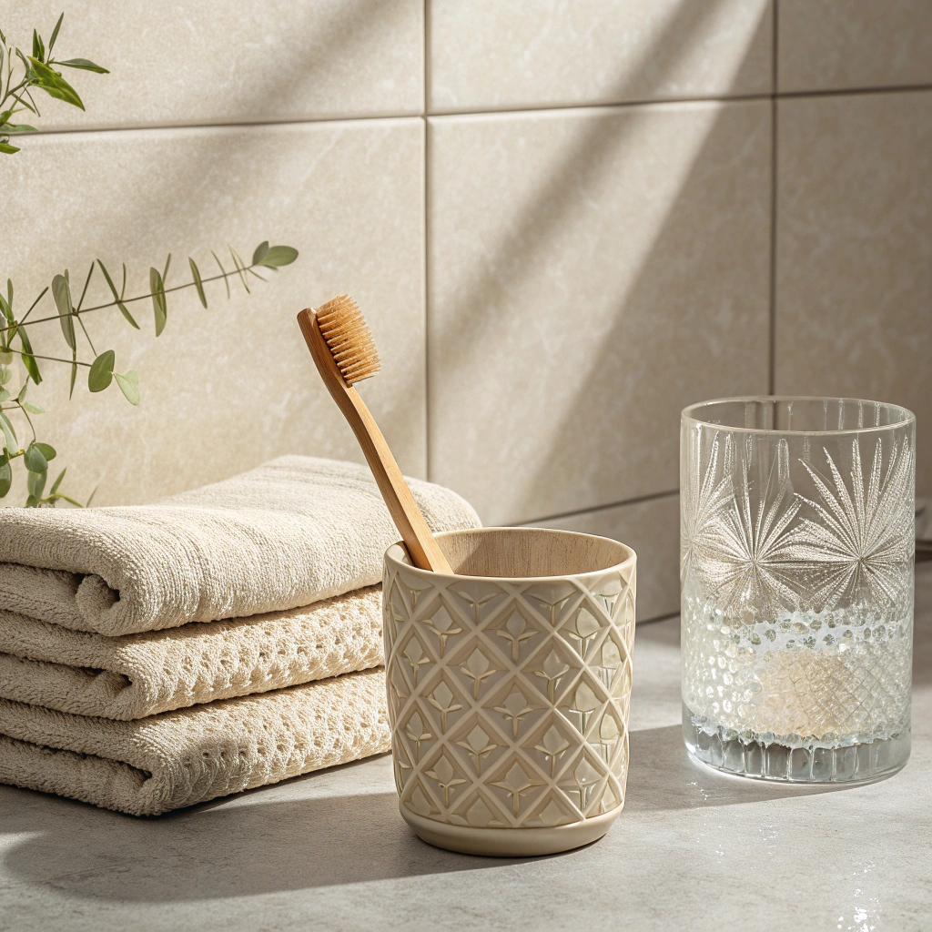 A minimalist bathroom counter scene with a natural, calming aesthetic. A textured beige ceramic cup holds a bamboo toothbrush with golden-brown bristles. Beside it, a crystal glass filled halfway with water reflects light through its detailed cut-glass pattern. To the left, three neatly stacked beige towels rest on the counter. The background features smooth square beige tiles with subtle grout lines. Soft natural light casts gentle shadows, creating a serene, spa-like mood.