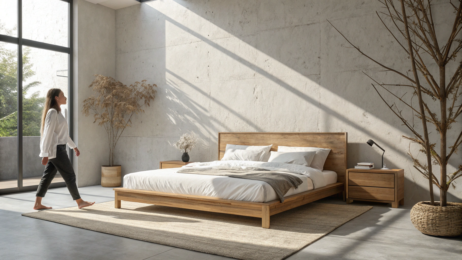 A minimalist modern bedroom with a serene atmosphere. A large bed with a low wooden frame and natural wood headboard sits in the center, dressed in off-white, slightly rumpled bedding with two pillows. Sunlight streams in from a large unseen window, casting a sharp diagonal shadow across the smooth plaster wall. To the side, a tall potted plant with delicate branches adds a natural touch. A barefoot woman in a white blouse and dark pants is seen walking near the bed, slightly blurred in motion. The floor is polished concrete, reflecting soft natural light. The style is photorealistic, airy, and tranquil with a warm minimalist aesthetic.