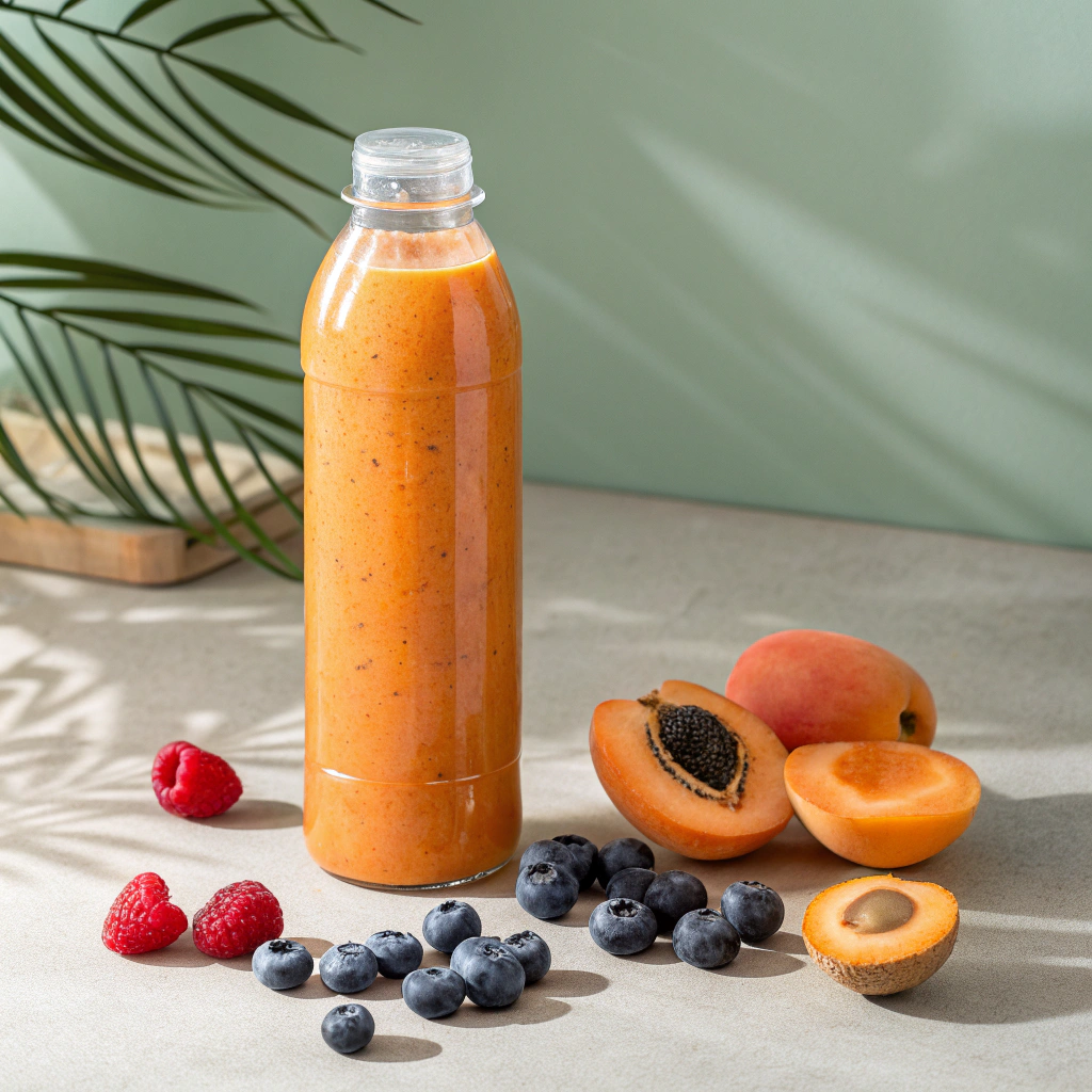 A minimalistic editorial food photograph featuring a clear plastic bottle filled with a thick, vibrant orange smoothie. The bottle is tall, cylindrical, slightly transparent, with smoothie streaks visible near the bottom. Surrounding the bottle are fresh fruits: ripe blueberries, a single raspberry, and apricots, one whole and one halved with the pit exposed. The setup is placed on a neutral beige surface with a soft pastel gray-green background. Bright, soft lighting creates gentle shadows, emphasizing freshness, natural colors, and a clean, healthy lifestyle aesthetic.