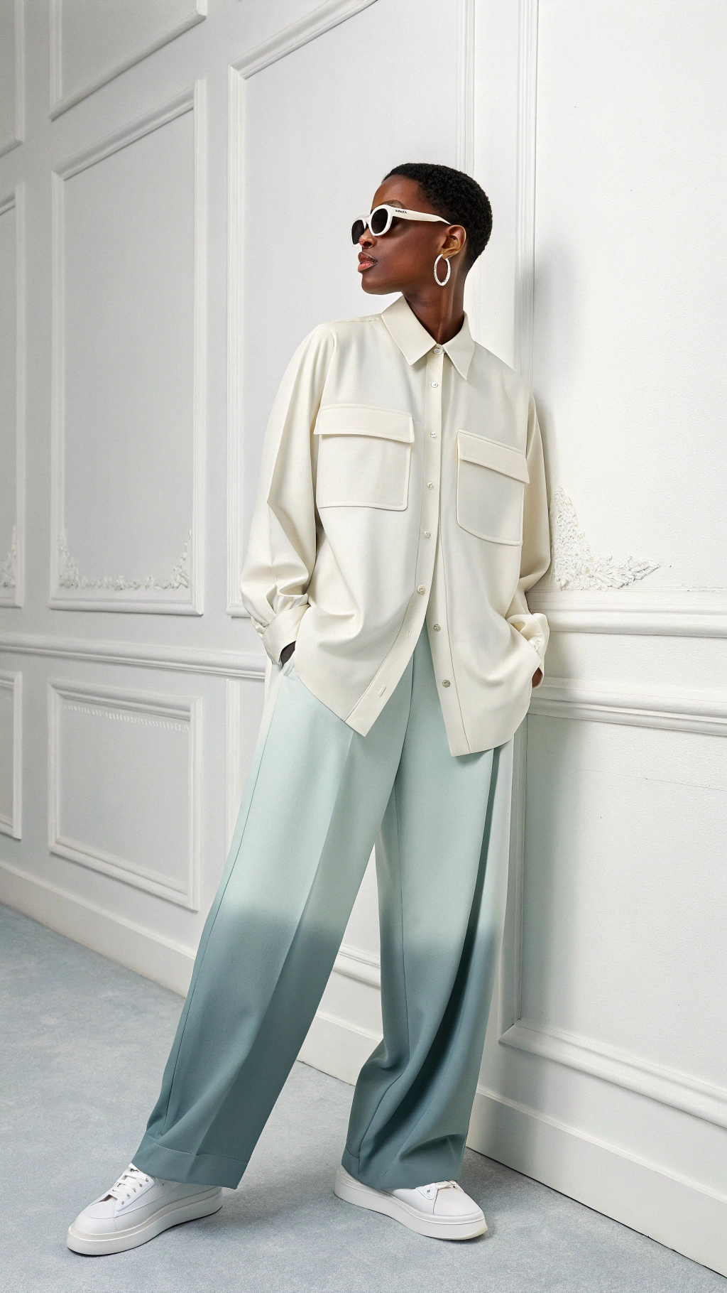 a fashion-forward studio portrait of a person standing against a clean, minimalist white background. They are dressed in a monochromatic, oversized outfit consisting of a loose, semi-sheer cream shirt with large chest pockets and matching wide-leg trousers with a soft gradient effect that fades into light gray at the bottom. The outfit has a modern, unisex aesthetic with fluid lines and a relaxed fit. The person wears white sneakers, black rectangular sunglasses, and small hoop earrings. Their long, straight dark hair is sleekly styled and tucked behind their ears, adding to the avant-garde, high-fashion feel. The overall composition is balanced and minimalist, emphasizing texture, proportion, and tonal harmony.