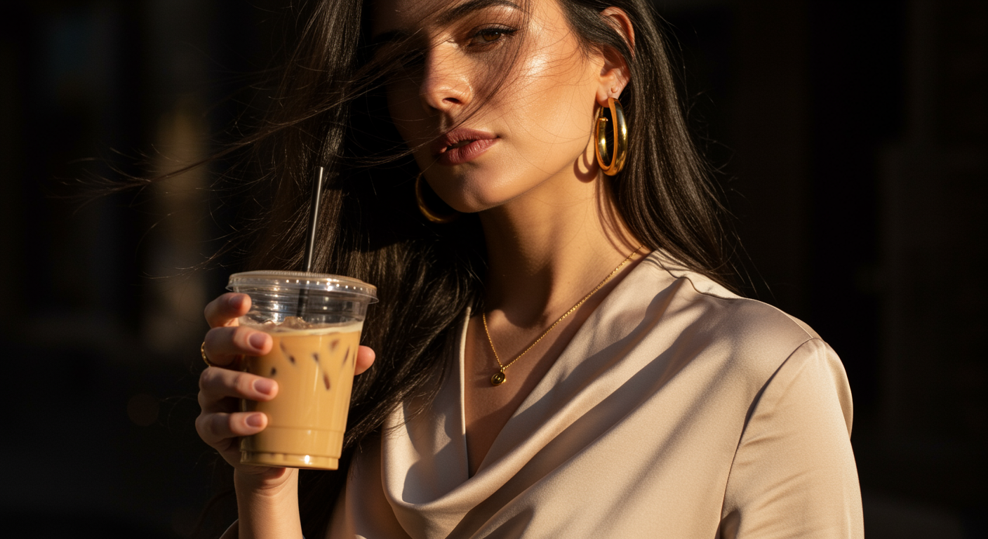 an Elegant portrait of a young woman holding an iced coffee cup, standing under soft natural sunlight. She has long dark flowing hair, partially covering her face in the breeze, creating a cinematic and moody atmosphere. She wears a silky beige blouse with soft draping fabric, accessorized withbold golden hoop earrings and a matching gold necklace The background is blurred and dark, making the subject glow in warm light, giving a refined, artistic, and high-fashion editorialvibe.