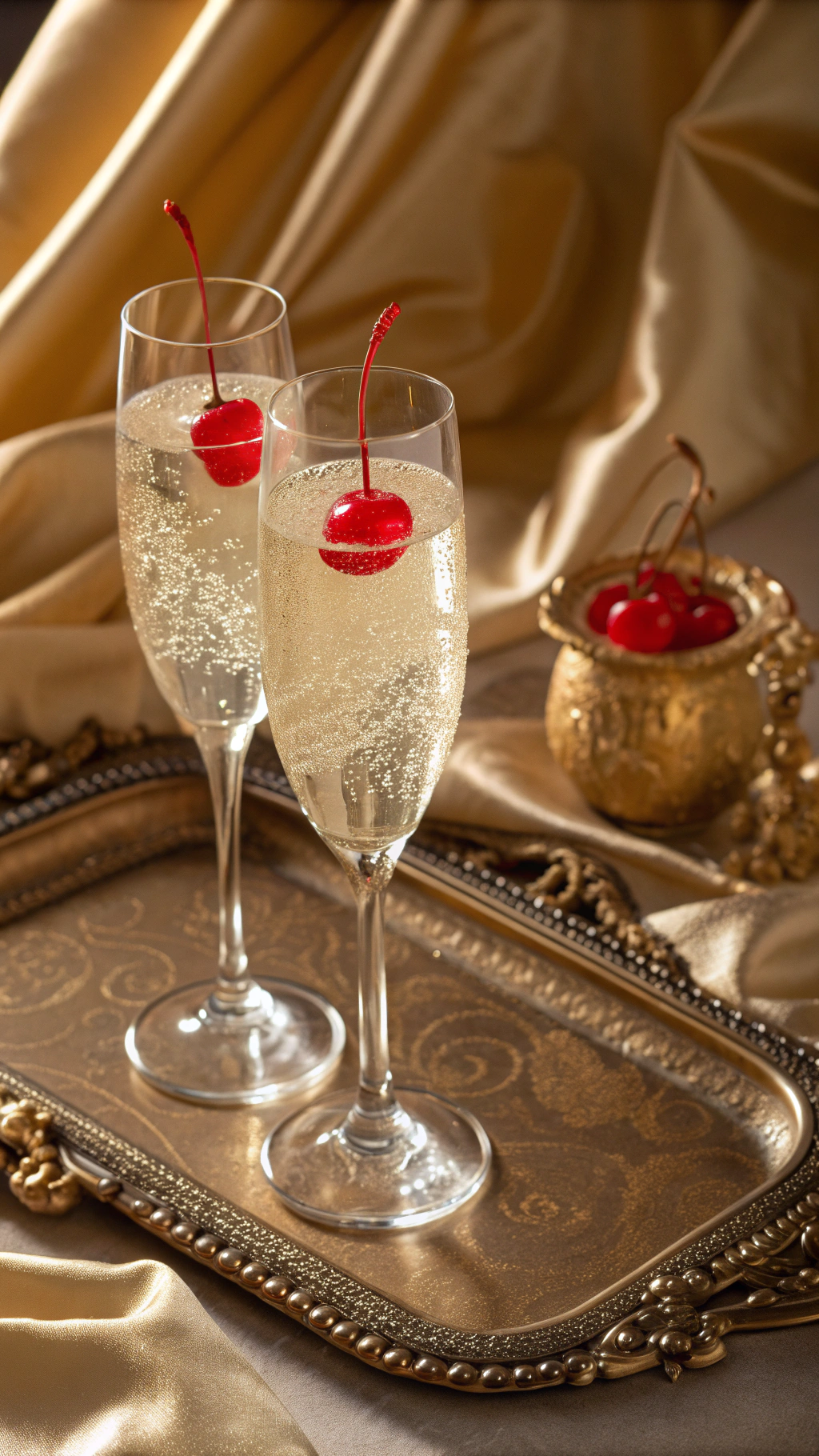 This image features a luxurious still-life composition of two elegant coupe glasses filled with champagne or a clear sparkling drink, each garnished with a bright red maraschino cherry resting on the rim. The glasses are placed on an ornate golden serving tray with intricate detailing along the edges, adding a touch of opulence and refinement.

The backdrop is a gold satin fabric, softly draped to create flowing folds and shimmering highlights that enhance the sense of glamour. The lighting is warm and carefully positioned, making the glassware sparkle and the cherries appear glossy and vibrant.

The overall aesthetic is sophisticated, celebratory, and indulgent, evoking themes of luxury, fine dining, special occasions, and high-end lifestyle.
Stock Prompt Generator said: