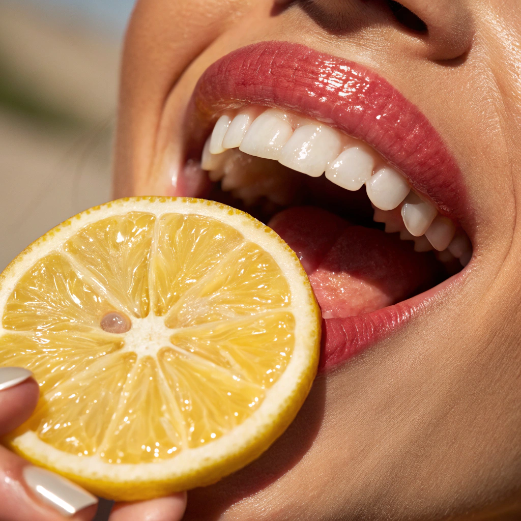 This image is a bold, close-up macro photograph that captures the mouth of a person with glossy lips slightly parted, showing white teeth and a tongue playfully extended. In the foreground, they hold a fresh slice of lemon, its bright yellow pulp vibrant and full of texture.

The sunlit lighting creates a warm, summery atmosphere, with natural highlights on the lips and skin enhancing the sense of freshness. The contrast between the juicy citrus slice and the soft textures of the lips and tongue gives the composition a sensual yet playful tone.

The overall aesthetic is vivid, modern, and expressive, evoking themes of taste, freshness, summer energy, and sensory experiences.