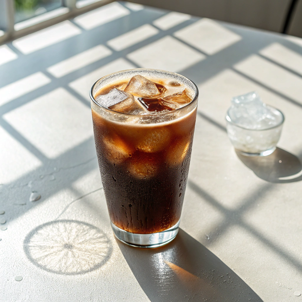 a glass of iced coffee placed on a smooth white surface, illuminated by bright natural sunlight. The beverage is dark brown with a light layer of crema on top, and several ice cubes are visible inside, creating a refreshing, textured look. Condensation droplets cling to the outside of the glass, emphasizing its cold temperature.
The lighting casts a crisp shadow and intricate light reflections from the glass base onto the table, forming a soft radial pattern. The overall composition is minimalist and clean, with strong contrast between the deep tones of the coffee and the pure white background. The image evokes a sense of calm, simplicity, and the pleasure of a chilled coffee on a bright day.