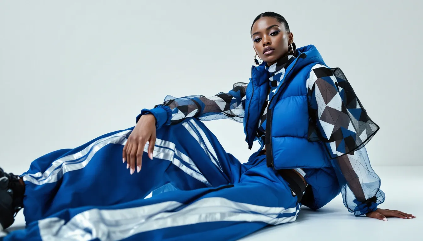 High-fashion editorial portrait of a model seated on the floor in a relaxed yet confident pose. The model wears a bold blue outfit featuring wide-legged track pants with reflective silver stripes, a cropped puffer vest, and a geometric-patterned sheer long-sleeve top in black, white, and blue tones. The look blends streetwear and avant-garde elements, creating a futuristic athletic aesthetic. Clean studio backdrop with soft lighting enhances the modern textures and vivid colors, making the image suitable for fashion campaigns, sports-inspired editorials, and contemporary style branding