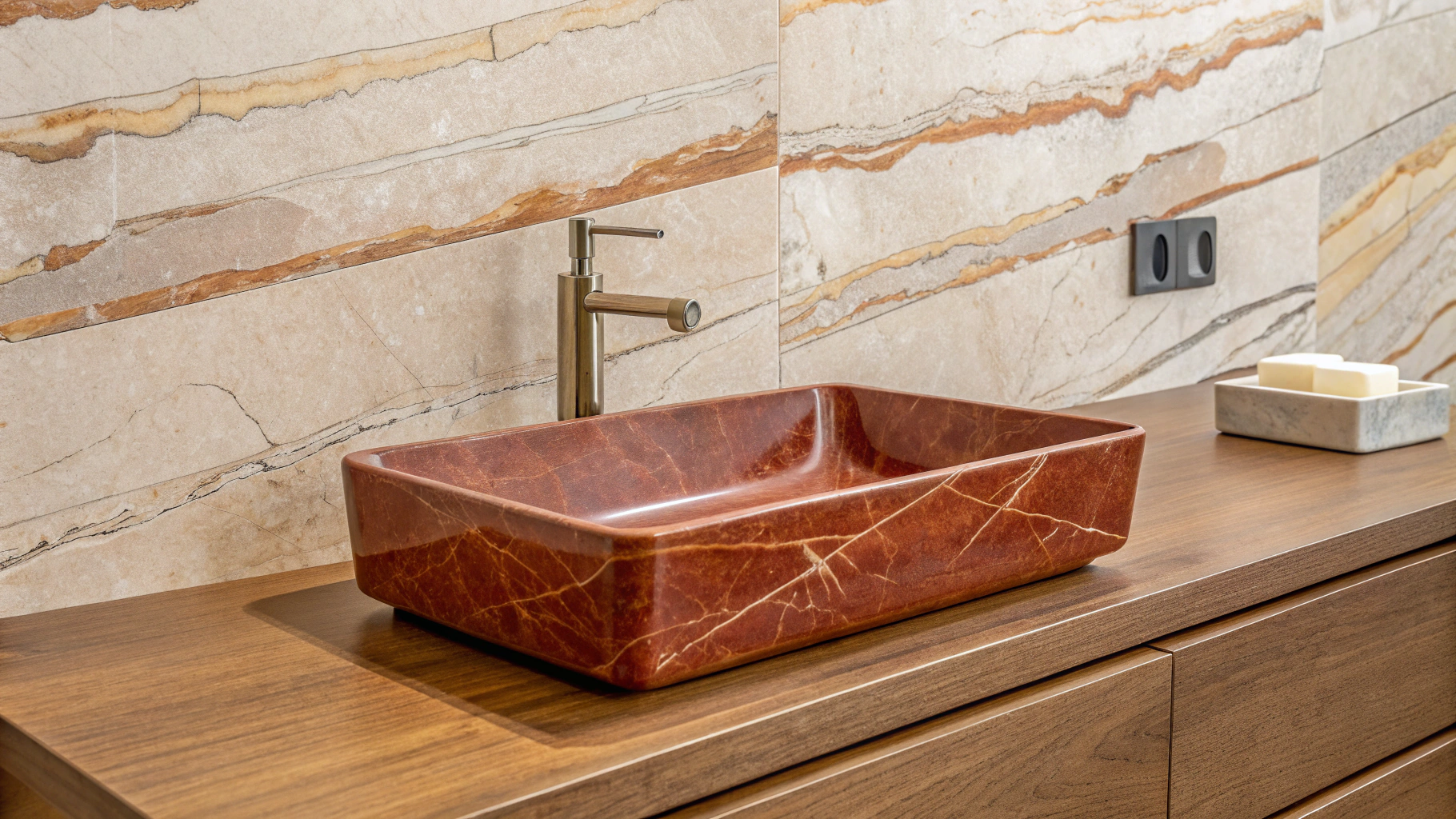 modern bathroom sink setup with a focus on natural materials and warm earthy tones. At the center is a rectangular basin sink made of polished reddish-brown marble, its subtle veining giving it a refined, elegant appearance.

The sink rests on a smooth wooden countertop, while the wall behind it is covered in layered stone with natural striations in shades of beige, cream, and rust, creating a textured, organic backdrop. Above the sink, a minimalist wall-mounted faucet and handle in brushed metal complete the clean, contemporary look.

The overall aesthetic is sophisticated, natural, and spa-like, emphasizing luxury interior design, harmony between stone and wood, and modern minimalism.