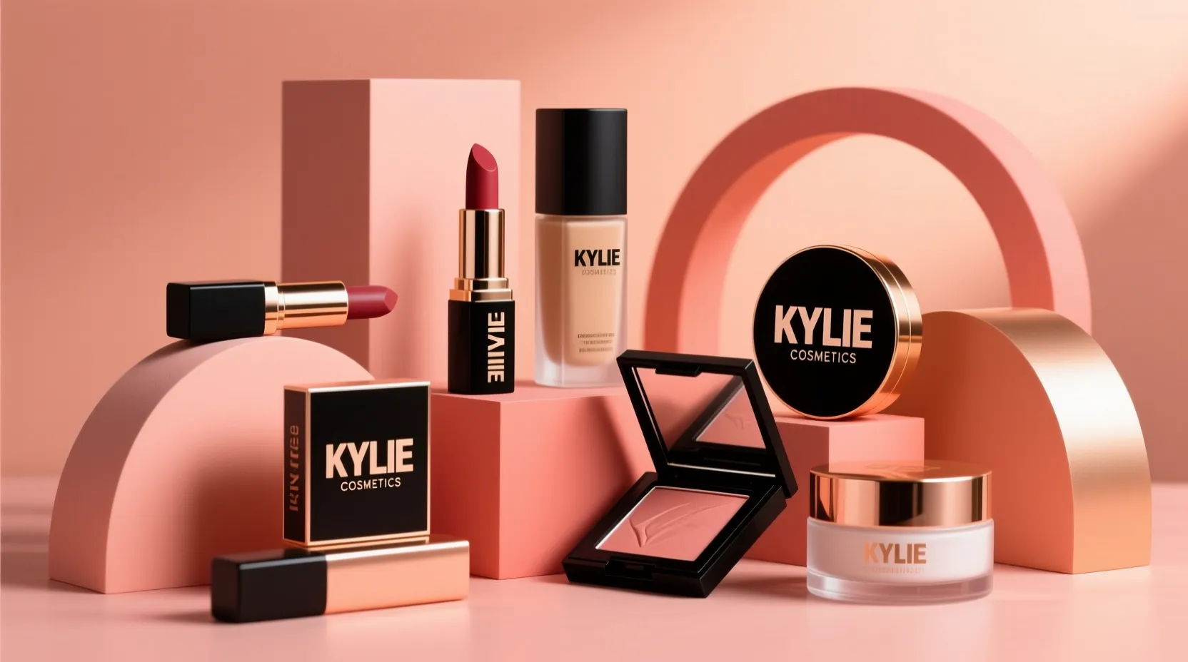 a visually striking arrangement of luxury makeup products with brand name Kylie Cosmetics displayed against a warm, monochromatic background in shades of peach, coral, and rose gold. The setup includes lipsticks, foundation or serum bottles, a compact blush, and cream containers — all housed in sleek black and metallic coral packaging.
The products are artfully placed among geometric blocks and curved shapes in matching tones, creating a modern, sculptural composition. Soft, diffused lighting enhances the smooth textures and rich colors, producing a polished, high-end aesthetic. The overall mood is elegant and contemporary, evoking themes of beauty, sophistication, and design harmony