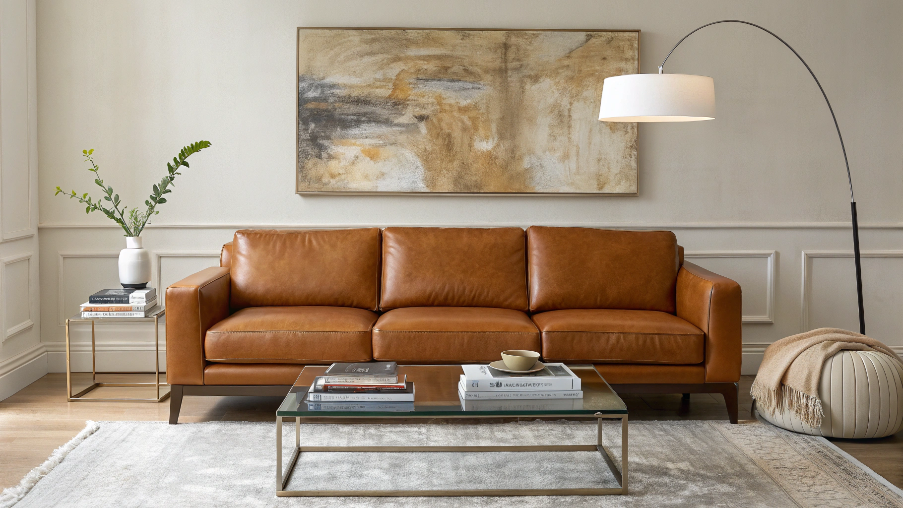 A high-resolution interior photograph of a modern minimalist living room with a warm, curated aesthetic. The focal point is a low-profile caramel brown leather sofa positioned against a neutral wall, above which hangs a large, abstract textured painting in earthy tones. In front of the sofa, a glass coffee table with clean lines holds a selection of fashion and art books, neatly arranged to create a stylish editorial feel. To the left, a rounded white floor lamp with a dome-shaped shade softly illuminates the space, complementing a textured cream lounge chair and a plush neutral area rug that adds coziness.

On the right side of the room, an aesthetic modern fireplace with a sleek stone frame has been integrated into the wall, its subtle flames adding warmth and ambiance. Beside the fireplace, a tall leafy green plant in a minimalist ceramic planter brings a touch of nature and organic contrast to the otherwise refined palette. The overall atmosphere blends contemporary elegance, cozy comfort, and artistic sophistication, ideal for lifestyle, design, or home décor inspiration.