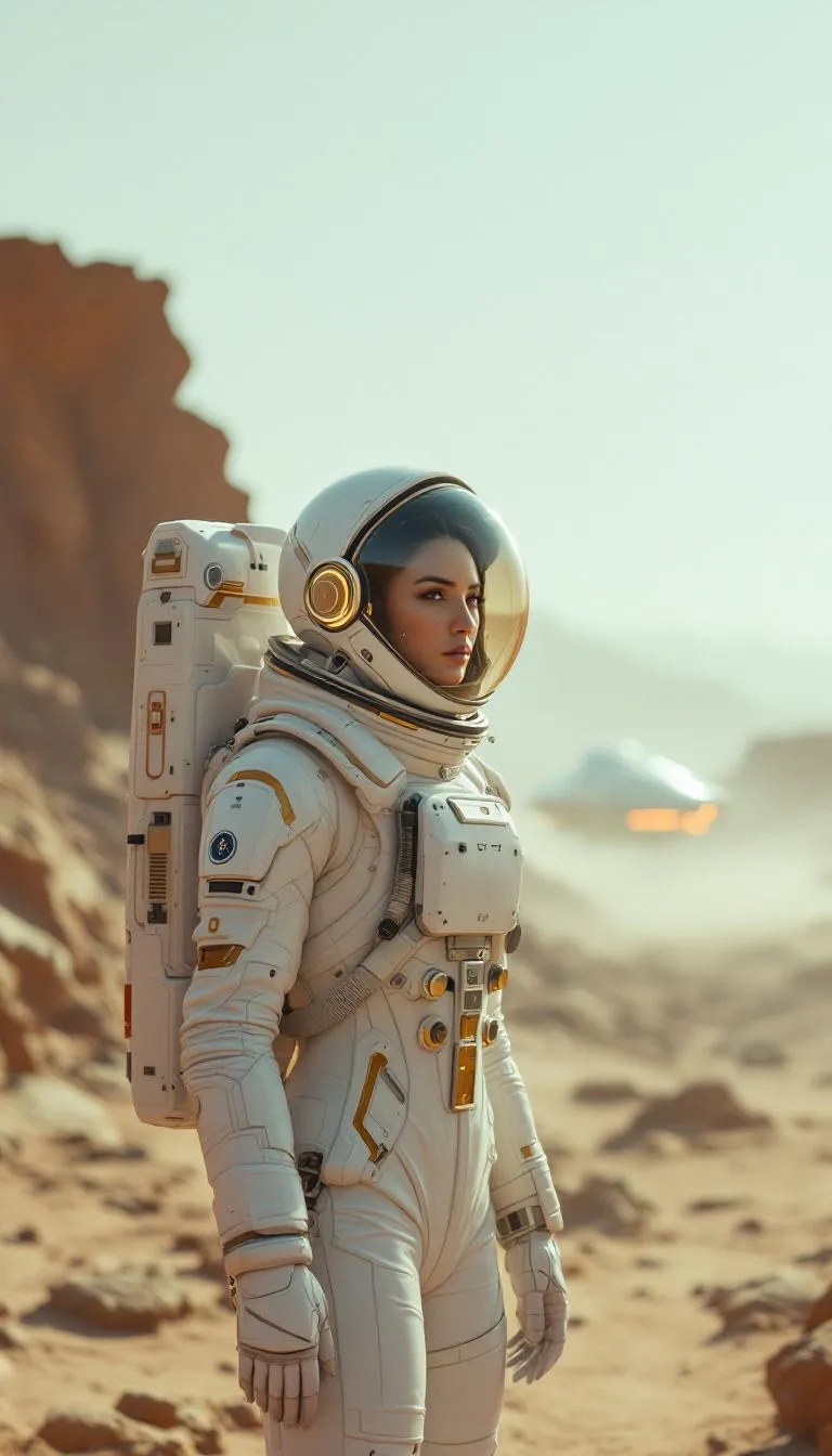 A cinematic portrait of a woman astronaut standing on the rocky surface of a distant planet, beneath a pale sky tinted with faint atmospheric haze. The landscape stretches endlessly behind her — rugged terrain of sand, dust, and eroded stone, echoing the quiet desolation of alien worlds. She wears a futuristic evolution of a NASA-style spacesuit, sleek and advanced with matte white composite armor panels, metallic seams, and soft gold luminescent trims integrated into the fabric. The helmet’s clear visor reflects the horizon’s subtle glow, while translucent HUD graphics flicker faintly across its surface.
Her expression is calm, determined, and introspective, capturing the weight of isolation and discovery. Fine dust drifts in the air around her boots, illuminated by soft, golden sunlight breaking through the thin atmosphere. The lighting is cinematic and naturalistic, blending warm highlights with cool blue shadow tones that create depth and emotional realism.
In the distance, the outline of a futuristic landing craft gleams faintly, its lights shimmering through the dust — a silent reminder of humanity’s reach across the stars. The scene conveys a Gravity-meets-Interstellar tone: grounded realism infused with advanced design and quiet grandeur.
Style: Futuristic cinematic realism, high-detail sci-fi portrait
Lighting: Natural sunlight with soft atmospheric haze and rim glow
Mood: Solitary, awe-inspiring, elegant, emotionally resonant
Camera angle: Mid-frame eye-level portrait, shallow depth of field for dramatic focus