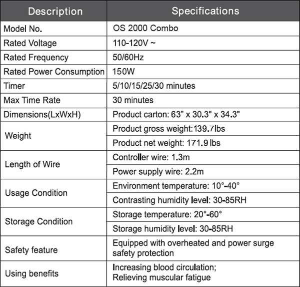 Osaki OS-2000 Combo Zero Gravity Massage Chair Specifications