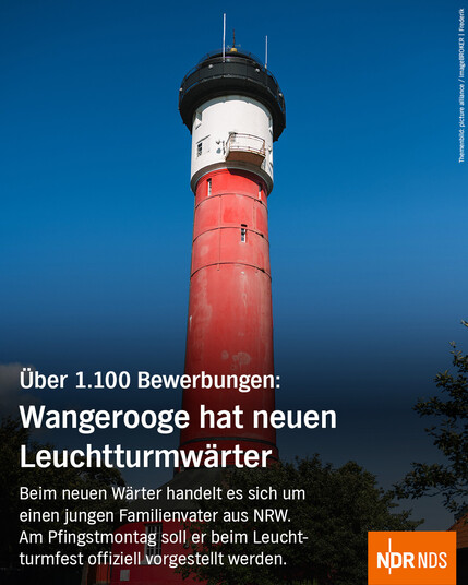 Bild: Der oben weiße und unten rote Leuchtturm von Wangerooge aus der Froschperspektve aufgenommen vor blauem und wolkenlosen Himmel.

Text: Über 1.100 Bewerbungen: 

Wangerooge hat neuen Leuchtturmwärter 

Beim neuen Wärter handelt es sich um einen jungen Familienvater aus NRW. Am Pfingstmontag soll er beim Leuchtturmfest offiziell vorgestellt werden. 