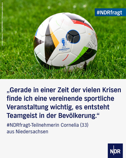 Die Grafik zeigt ein Bild des offiziellen EM 2024 Spielballs auf einem Fußballfeld. Dazu das Zitat der #NDRfragt Teilnehmerin Cornelia (33) aus Niedersachen: 
