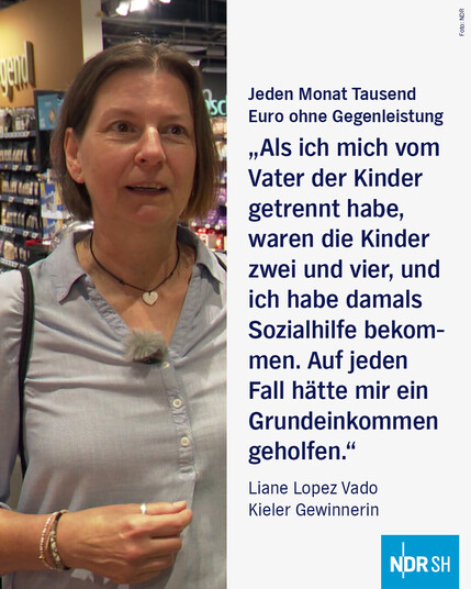 Die Grafik zeigt eine Frau in einer grauen Bluse in einem Supermarkt. Dazu der Text: Jeden Monat Tausend Euro ohne Gegenleistung. 