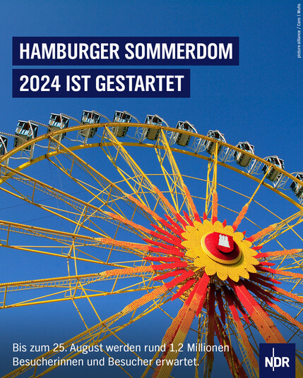 Foto von einem Riesenrad.

Dazu der Text: Hamburger Sommerdom 2024 ist gestartet

Bis zum 25. August werden rund 1,2 Millionen Besucherinnen und Besucher erwartet.