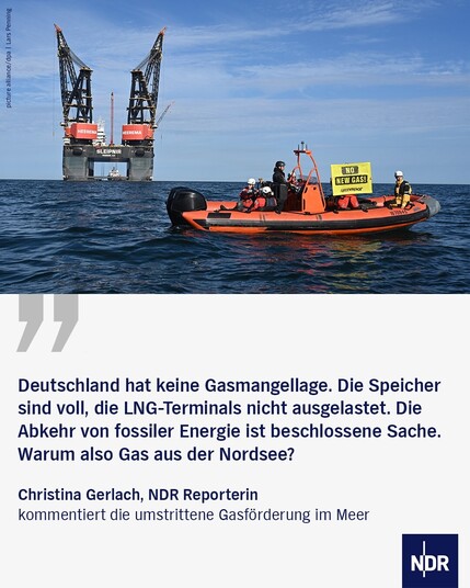 Die Grafik zeigt ein Boot mit fünf Passagieren, die ein Plakat mit der Aufschrift 'No New Gas!' hochhalten. Dazu der Text:
