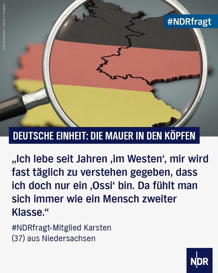 Bild: Deutschland, schwarz-rot-gold gestreift unter der Lupe, eingezeichnet ist die ehemalige innerdeutsche Grenze.

Text: 