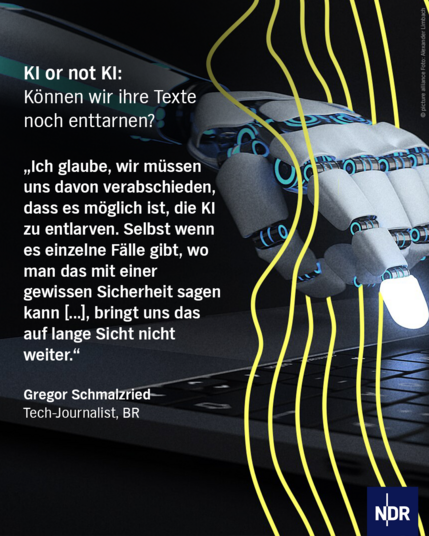 Foto von einer Roboter-Hand

Dazu der Text:

KI or not KI: Können wir ihre Texte nicht enttarnen?

Zitat: 