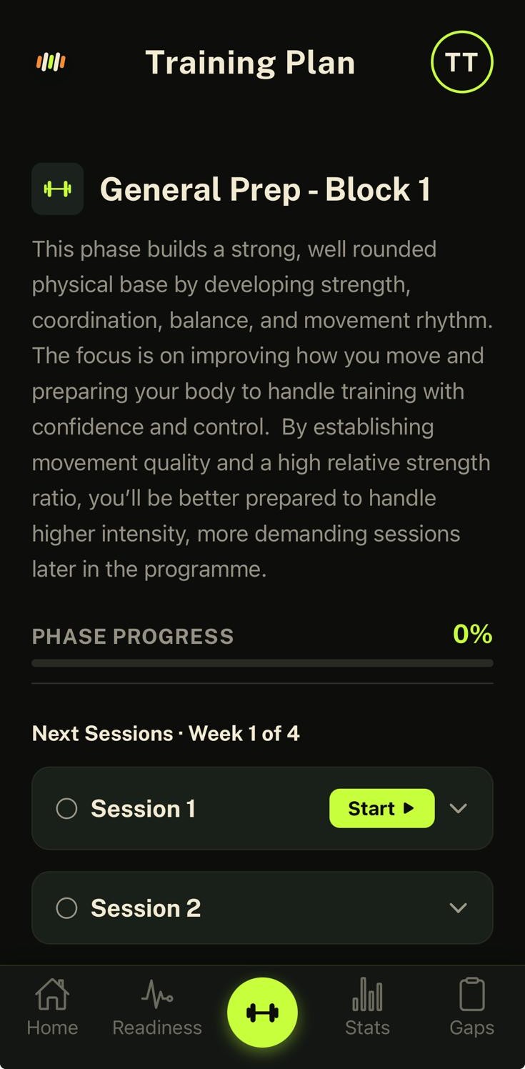 Season Programming screen in the Matchfit Pro app