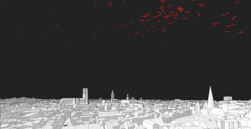 Drones flocking above the city of Ghent