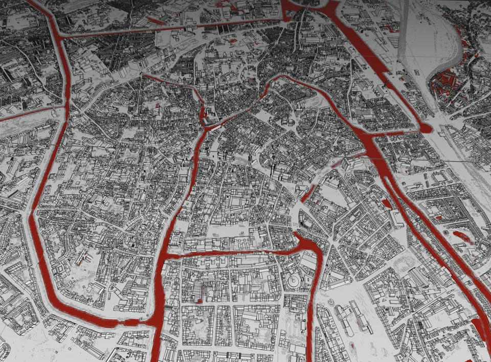 Zoomed-out view of Ghent in Fly Over Gent