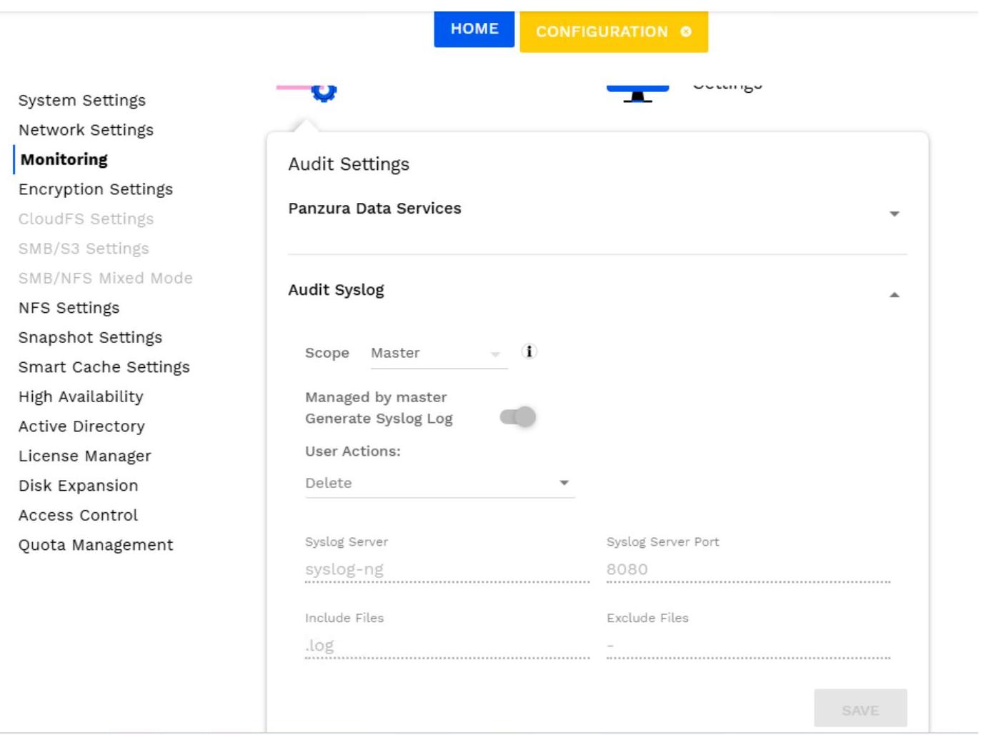 A screenshot of a software configuration interface showing Audit Settings and the Scope selection for Audit Syslog. This could be useful for illustrating software administration, system monitoring, or technical documentation.