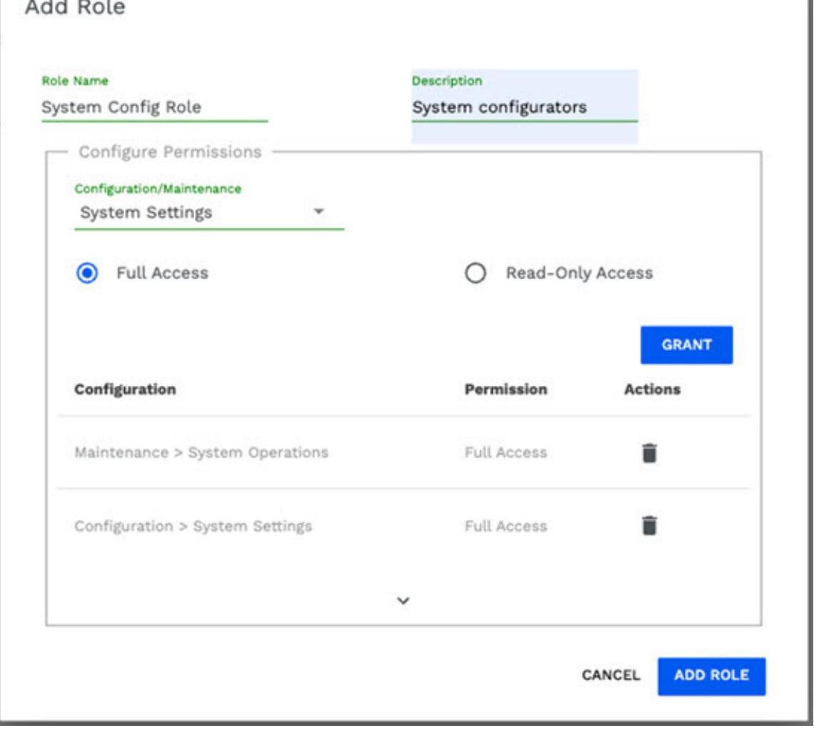 A screenshot of a software interface for adding a new user role with permission configuration settings. This could be useful for illustrating software user interface design or access control management.